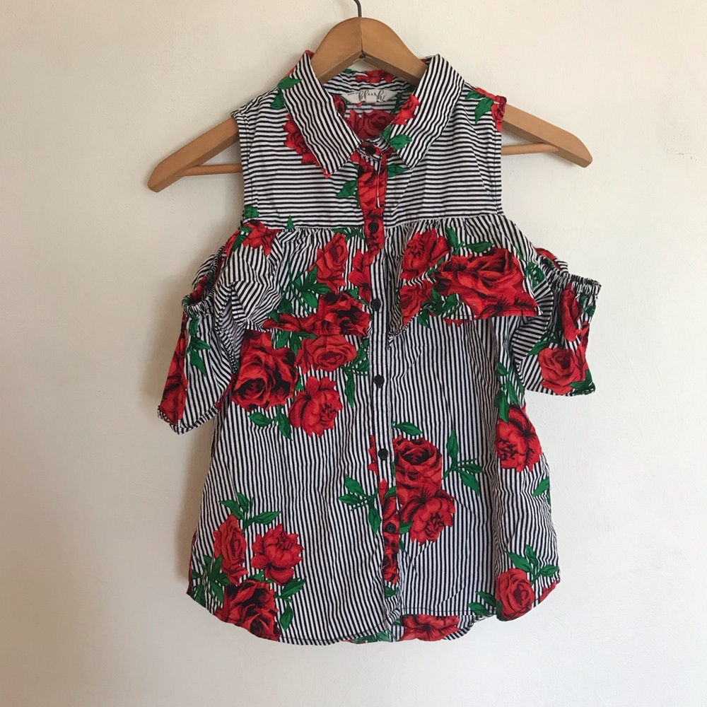 SOLD Floral Striped Cold Shoulder Tank Small - Picture 2 of 7